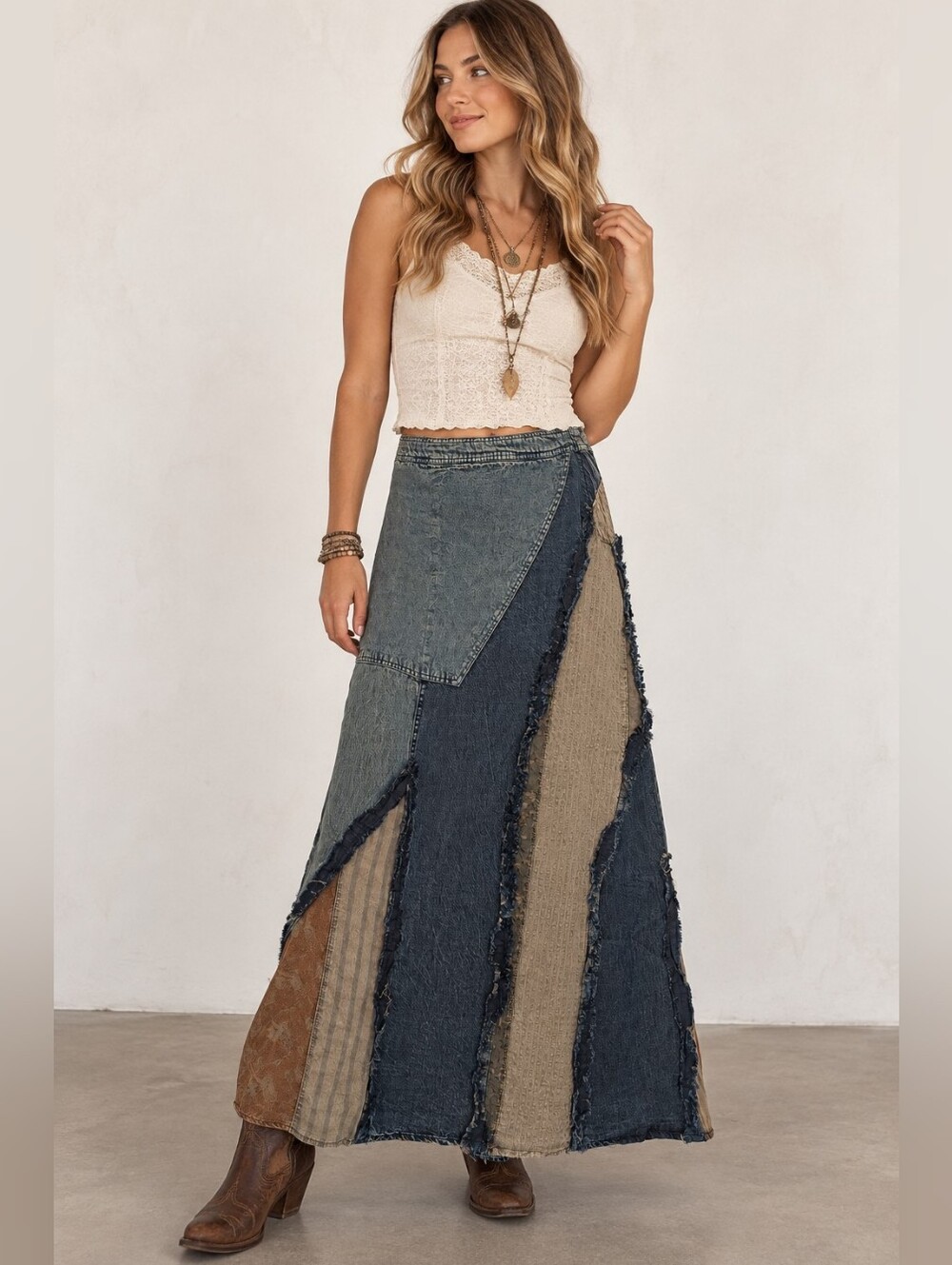 Young Threads Patchwork Denim Maxi Skirt Small Boho Raw Edge NWT Gravel